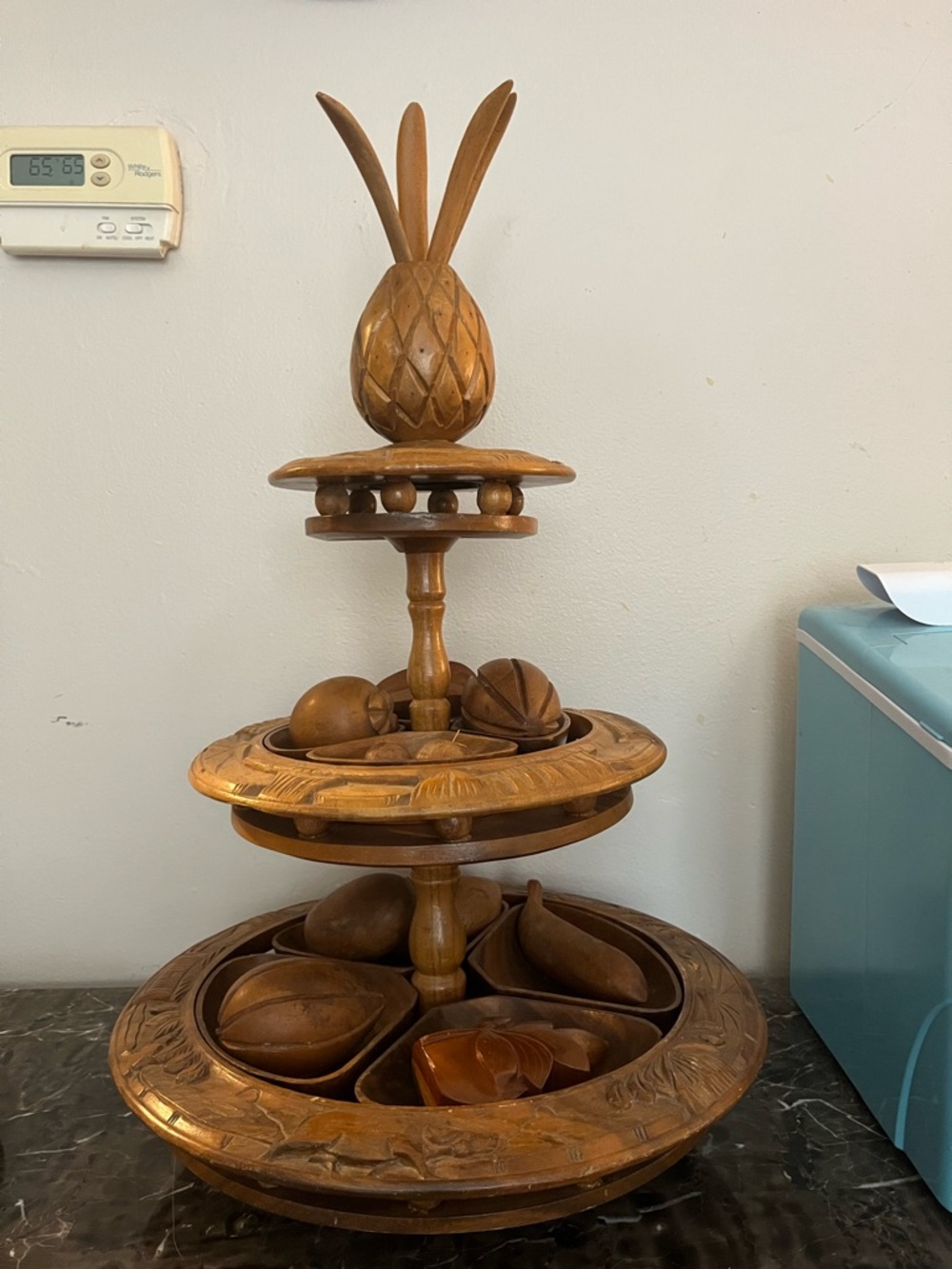 Vintage MCM hand carved monkey pod wood 3-tier lazy Susan